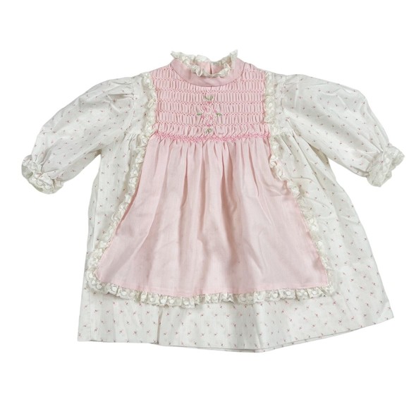 Vtg Hand Smocked Dress 24 Mo. Polly Flinders Calico w Pink Apron Lace 3/4 Sleeve